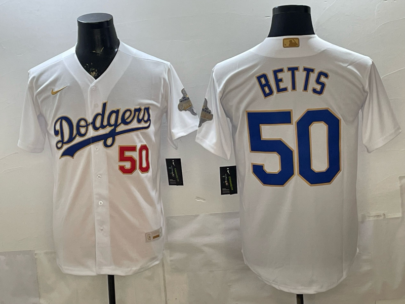 Men's MLB LA Dodgers #50 Mookie Betts 2026 White/Gold Collection Stadium Jersey