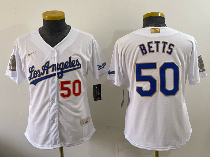 Women's MLB LA Dodgers #50 Mookie Betts 2026 White Alternate 2 Stadium Jersey