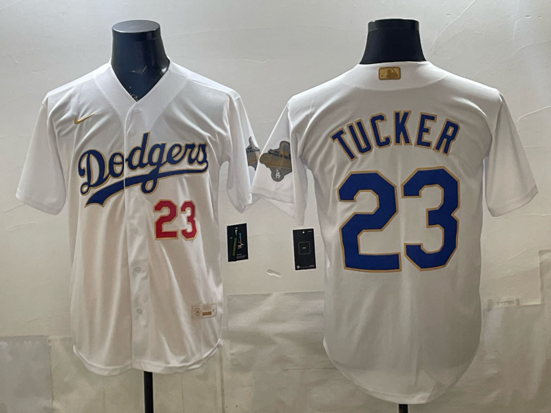 Men's MLB LA Dodgers #23 Kyle Tucker 2026 White/Gold Collection Stadium Jersey