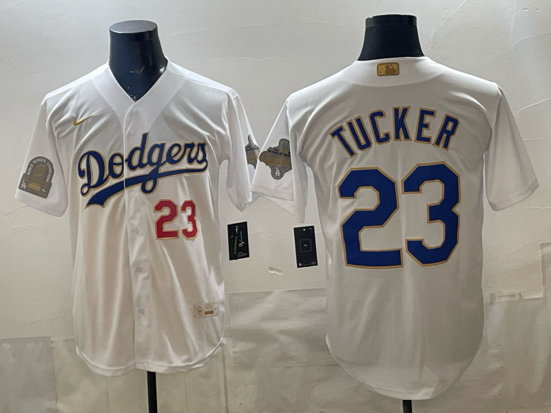 Men's MLB LA Dodgers #23 Kyle Tucker 2026 White/Gold Collection Stadium Jersey