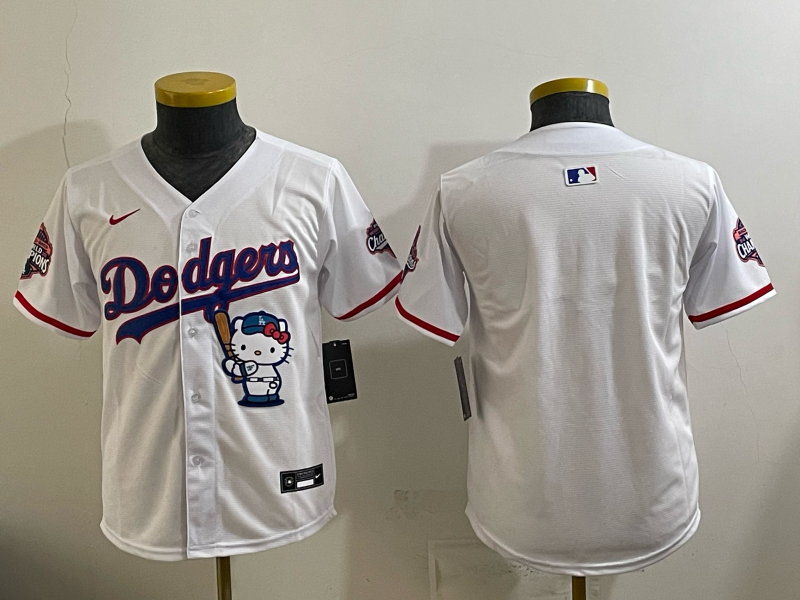 Youth MLB Dodgers Nameless x Hello Kitty World Series Champs White Jersey