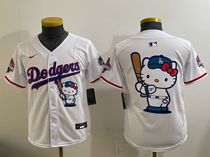 Youth MLB Dodgers Nameless x Hello Kitty World Series Champs White Jersey