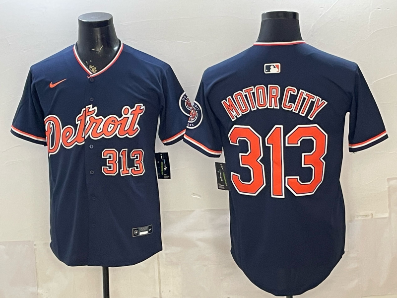 Men's MLB Detroit Tigers #313 Motor City Nike Navy Alternate Replica Jersey