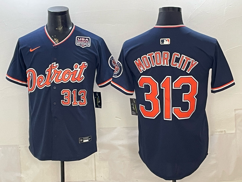 Men's MLB Detroit Tigers #313 Motor City Nike Navy Alternate Replica Jersey