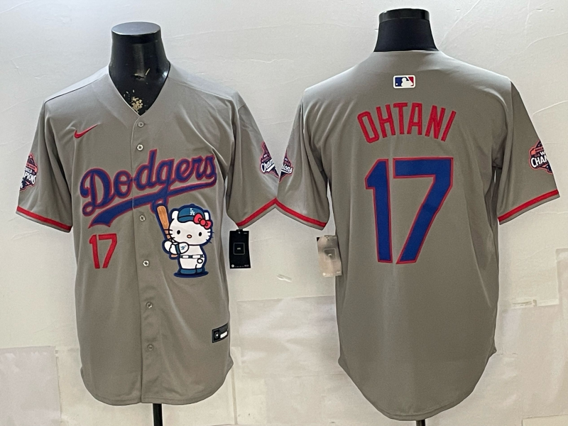 Men's MLB Dodgers #17 Shohei Ohtani x Hello Kitty World Series Champions Gray Jersey