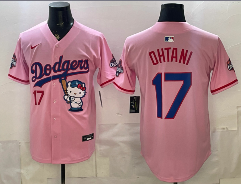 Men's MLB Dodgers #17 Shohei Ohtani x Hello Kitty World Series Champions Pink Jersey