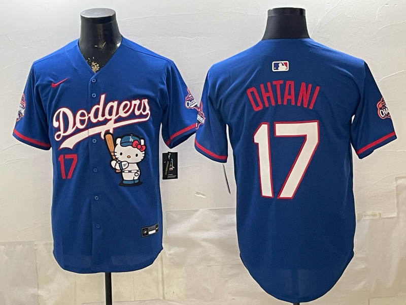 Men's MLB Dodgers #17 Shohei Ohtani x Hello Kitty World Series Champions Royal Jersey
