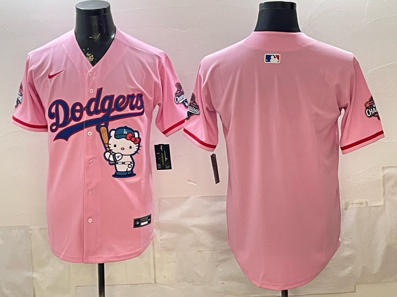 Men's MLB Dodgers Nameless x Hello Kitty World Series Champions Pink Jersey