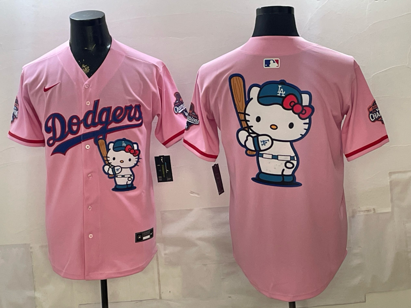 Men's MLB Dodgers Nameless x Hello Kitty World Series Champions Pink Jersey