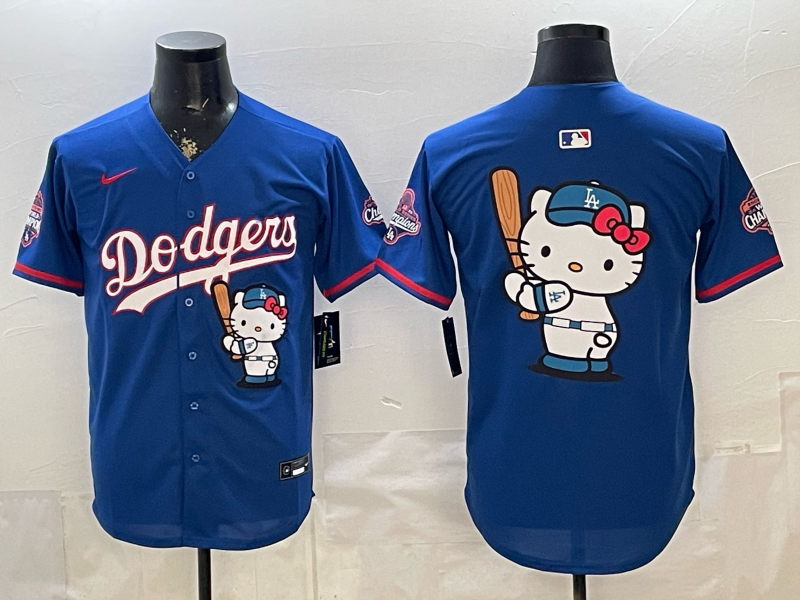 Men's MLB Dodgers Nameless x Hello Kitty World Series Champions Royal Jersey