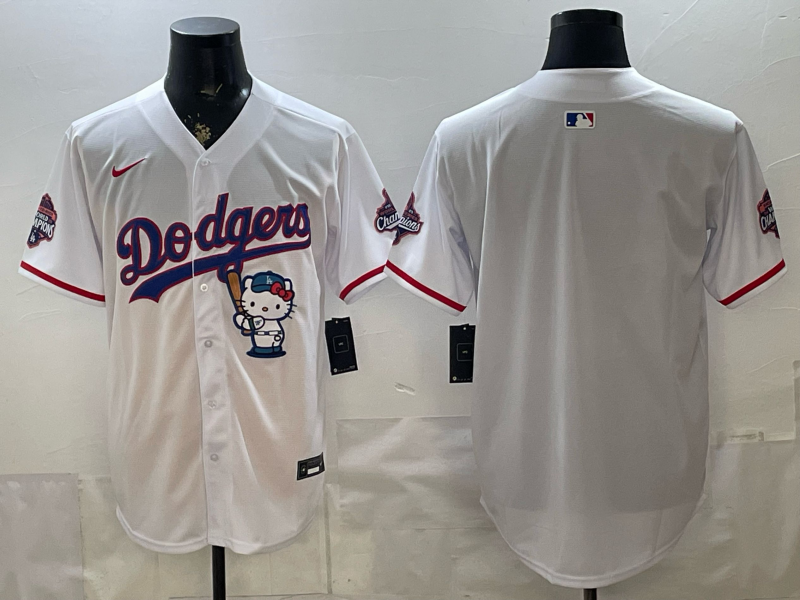 Men's MLB Dodgers Nameless x Hello Kitty World Series Champions White Jersey