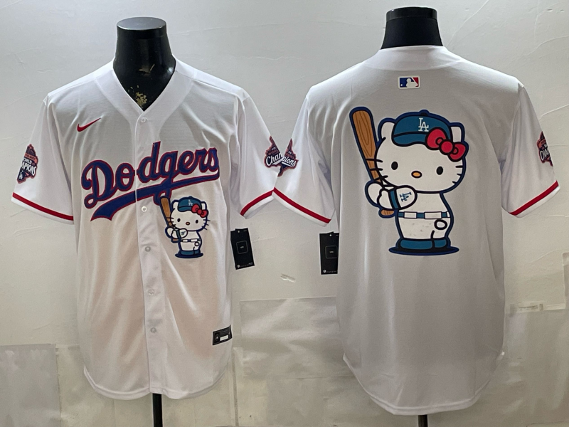 Men's MLB Dodgers Nameless x Hello Kitty World Series Champions White Jersey