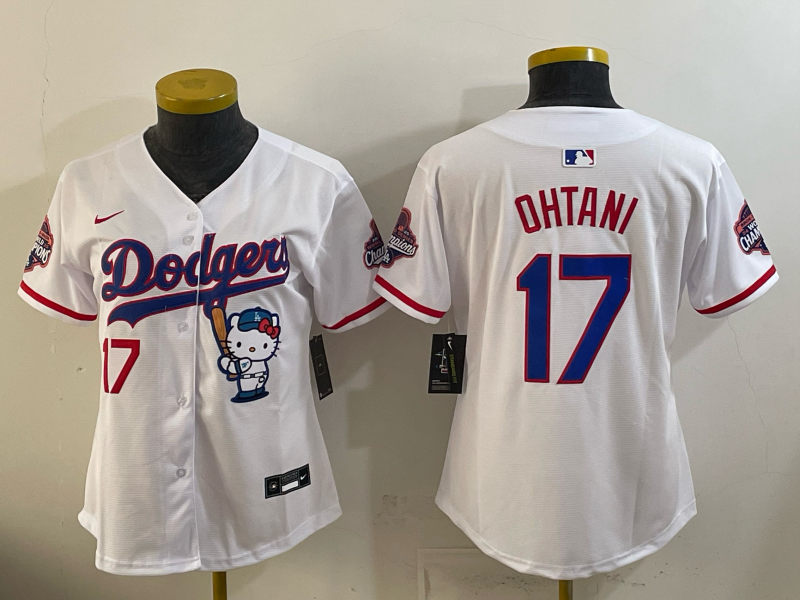 Women's MLB Dodgers #17 Shohei Ohtani x Hello Kitty World Series Champs White Jersey