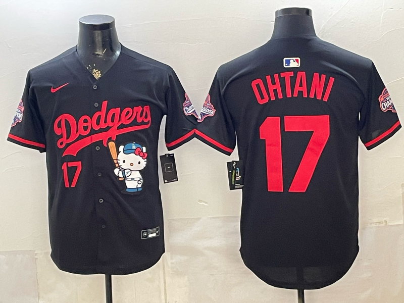 Men's MLB Dodgers #17 Shohei Ohtani x Hello Kitty World Series Champions Black Jersey
