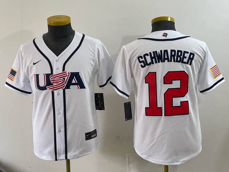Youth 2026 WBC Team USA #12 Kyle Schwarber Road Stadium Jersey - White