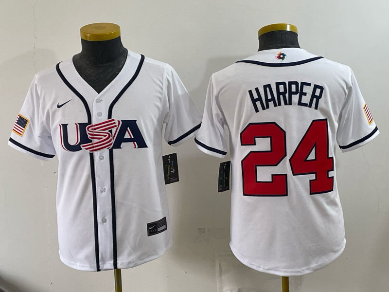 Youth 2026 WBC Team USA #24 Bryce Harper Road Stadium Jersey - White