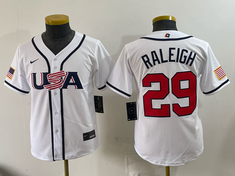 Youth 2026 WBC Team USA #29 Cal Raleigh Road Stadium Jersey - White