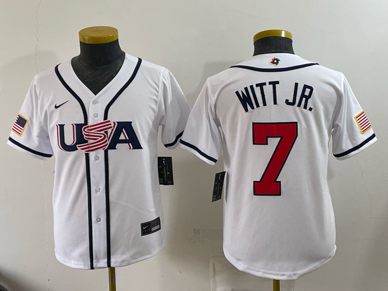 Youth 2026 WBC Team USA #7 Bobby Witt Jr. Road Stadium Jersey - White