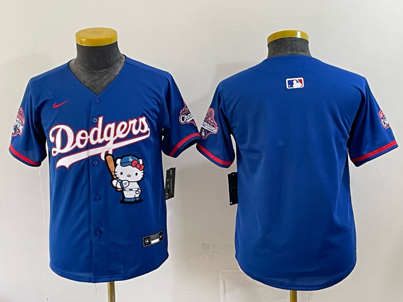 Youth MLB Dodgers Nameless x Hello Kitty World Series Champs Royal Jersey