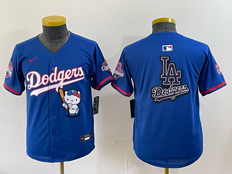 Youth MLB Dodgers Nameless x Hello Kitty World Series Champs Royal Jersey