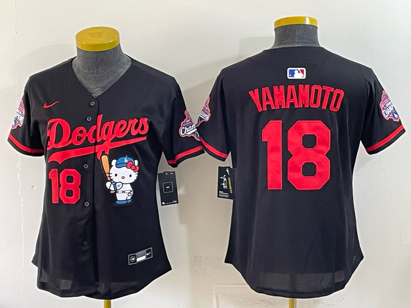 Women's MLB Dodgers #18 Yoshinobu Yamamoto x Hello Kitty World Series Champs Black Jersey