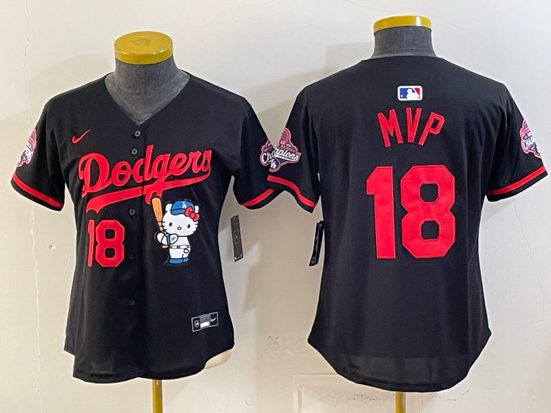 Women's MLB Dodgers #18 Yoshinobu Yamamoto x Hello Kitty World Series Champs Black Jersey