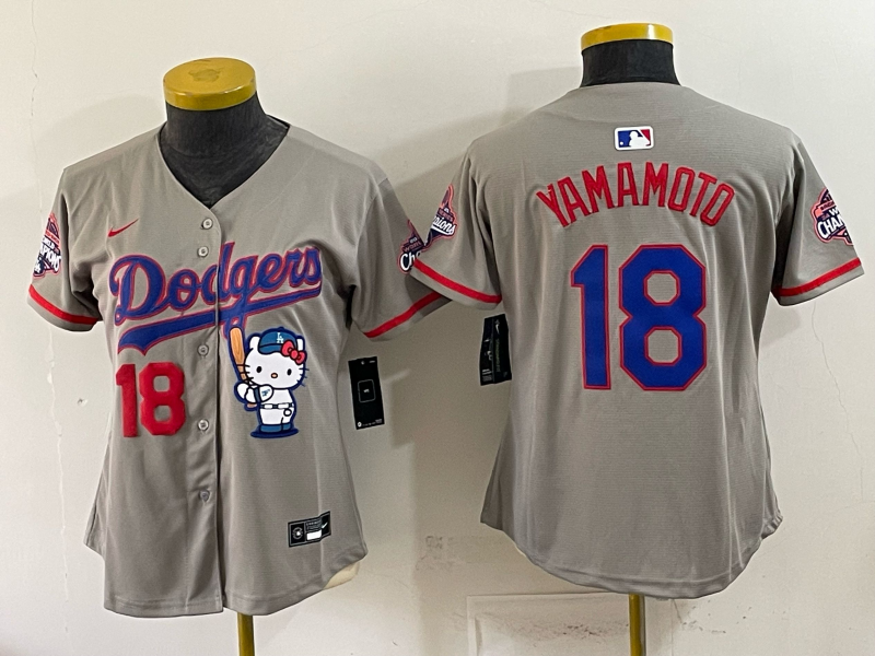 Women's MLB Dodgers #18 Yoshinobu Yamamoto x Hello Kitty World Series Champs Gray Jersey