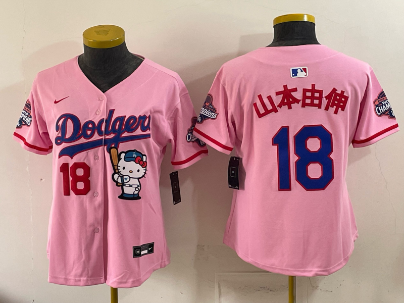 Women's MLB Dodgers #18 Yoshinobu Yamamoto x Hello Kitty World Series Champs Pink Jersey