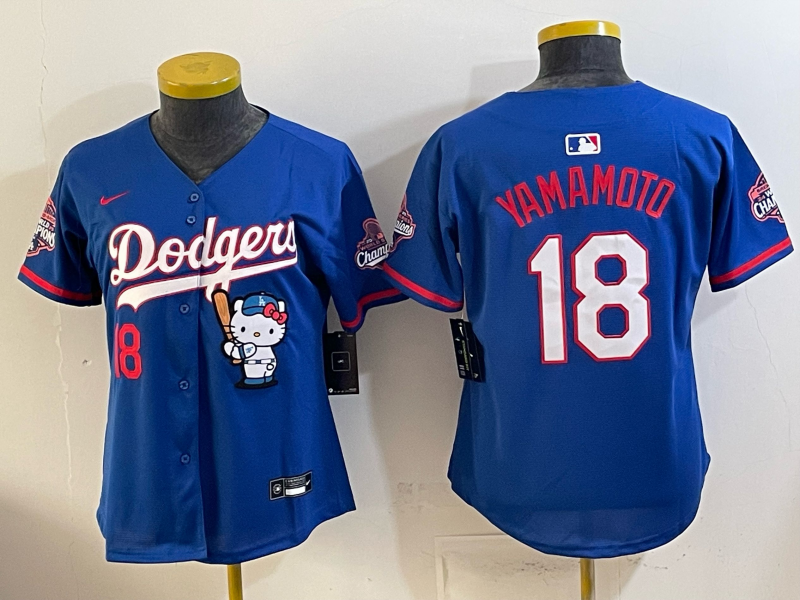 Women's MLB Dodgers #18 Yoshinobu Yamamoto x Hello Kitty World Series Champs Royal Jersey