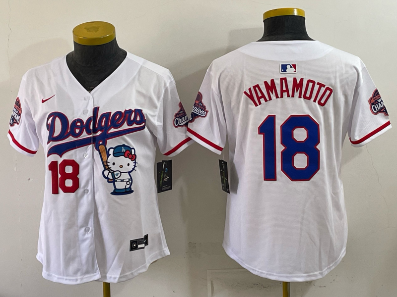 Women's MLB Dodgers #18 Yoshinobu Yamamoto x Hello Kitty World Series Champs White Jersey