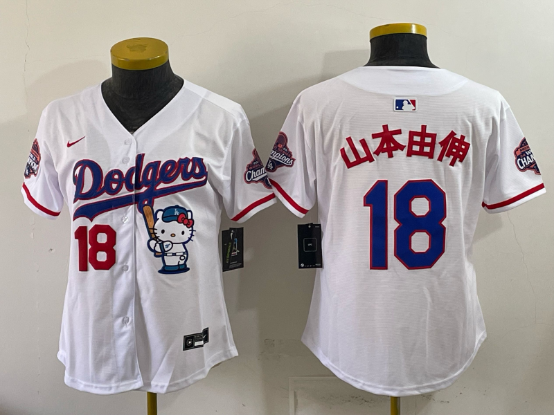 Women's MLB Dodgers #18 Yoshinobu Yamamoto x Hello Kitty World Series Champs White Jersey