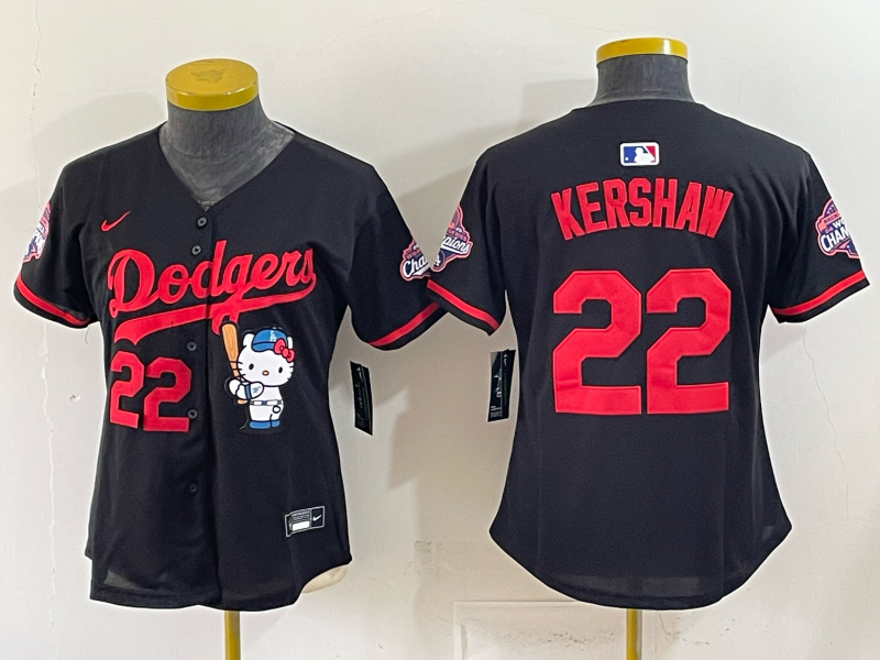 Women's MLB Dodgers #22 Clayton Kershaw x Hello Kitty World Series Champs Black Jersey