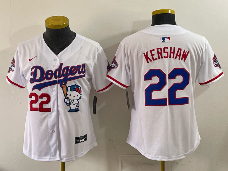Women's MLB Dodgers #22 Clayton Kershaw x Hello Kitty World Series Champs White Jersey