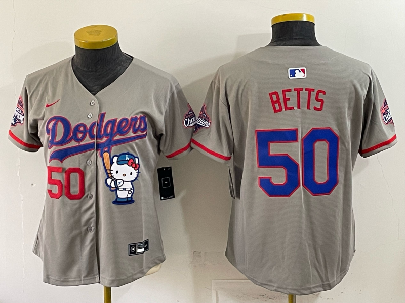 Women's MLB Dodgers #50 Mookie Betts x Hello Kitty World Series Champs Gray Jersey
