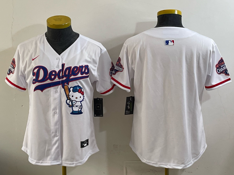 Women's MLB Dodgers Nameless x Hello Kitty World Series Champs White Jersey