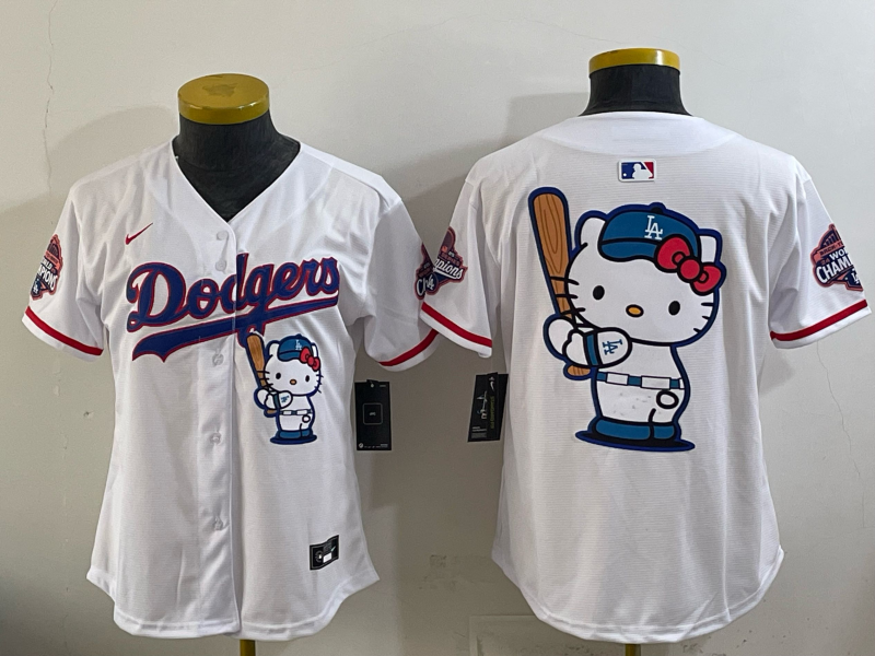 Women's MLB Dodgers Nameless x Hello Kitty World Series Champs White Jersey
