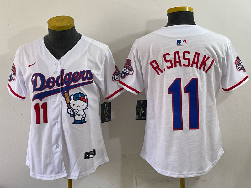 Women's MLB Dodgers #11 Roki Sasaki x Hello Kitty World Series Champs White Jersey
