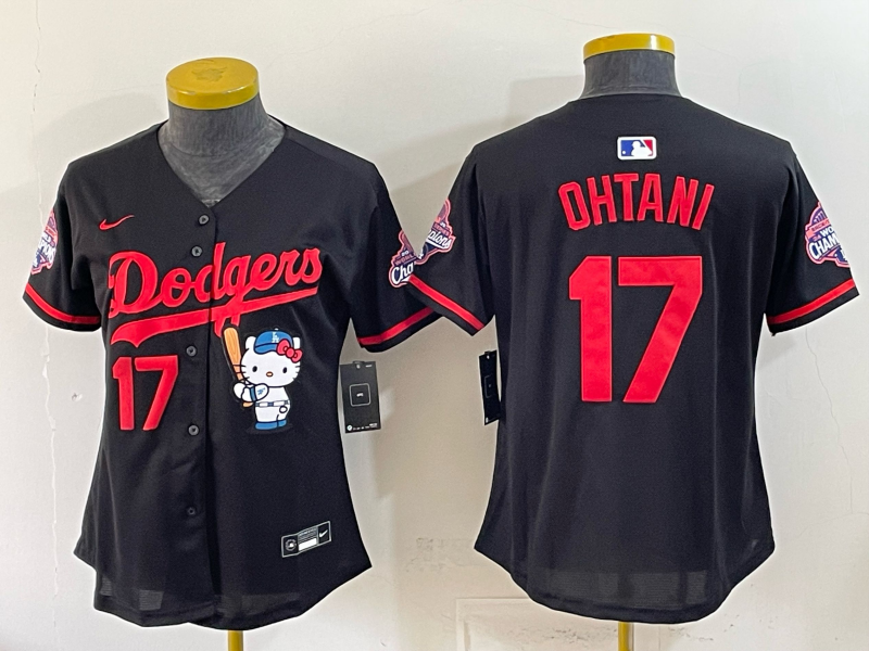 Women's MLB Dodgers #17 Shohei Ohtani x Hello Kitty World Series Champs Black Jersey