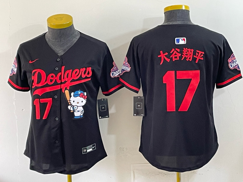 Women's MLB Dodgers #17 Shohei Ohtani x Hello Kitty World Series Champs Black Jersey