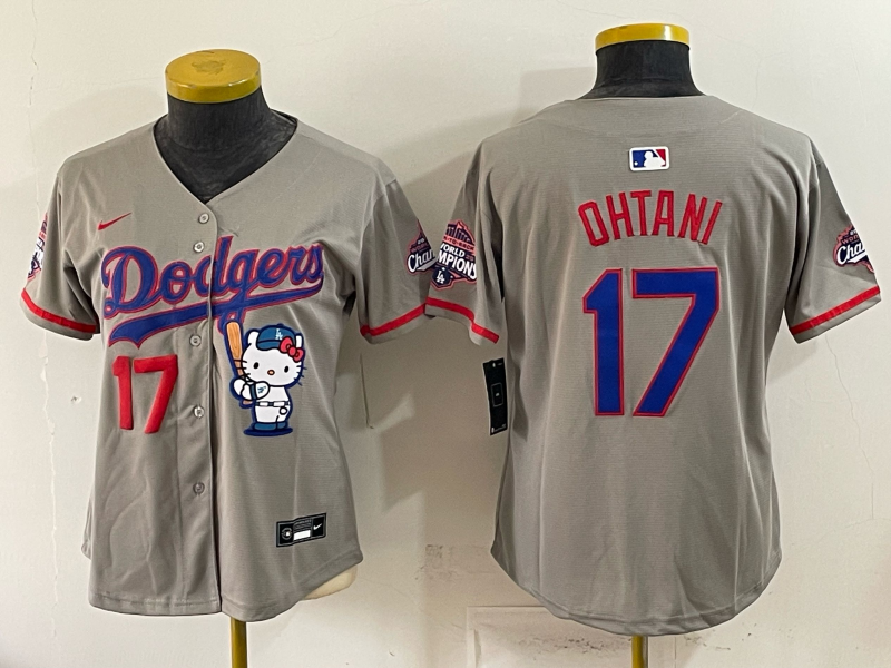 Women's MLB Dodgers #17 Shohei Ohtani x Hello Kitty World Series Champs Gray Jersey
