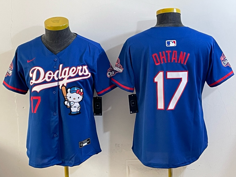 Women's MLB Dodgers #17 Shohei Ohtani x Hello Kitty World Series Champs Royal Jersey