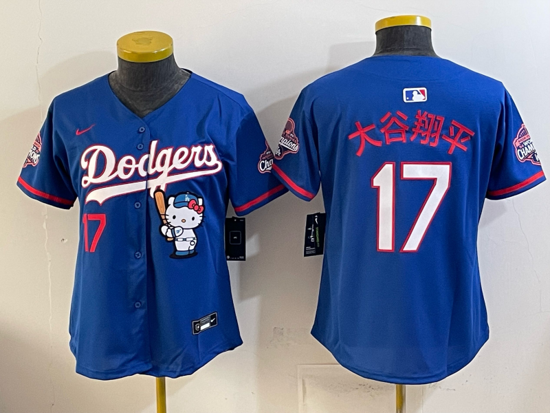 Women's MLB Dodgers #17 Shohei Ohtani x Hello Kitty World Series Champs Royal Jersey