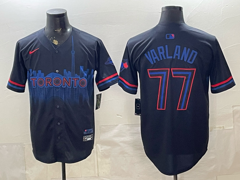 Men's MLB Toronto Blue Jays #77 Louis Varland Nike Black City Connect Limited Jersey