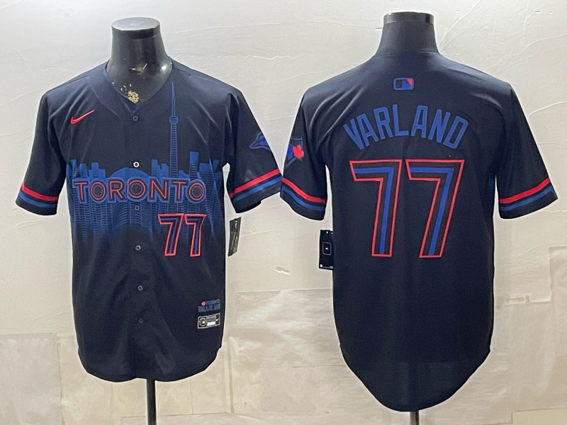Men's MLB Toronto Blue Jays #77 Louis Varland Nike Black City Connect Limited Jersey