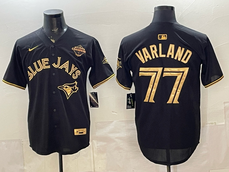 Men's MLB Toronto Blue Jays #77 Louis Varland Nike Black/Gold Premier Limited Jersey