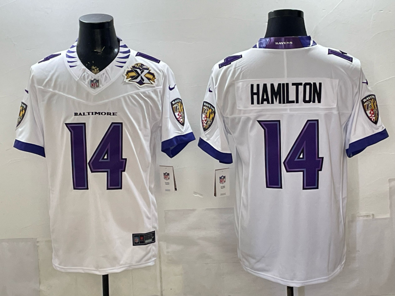 Men's NFL Baltimore Ravens #14 Kyle Hamilton 2026 White Road Sewn Down F.U.S.E Jersey