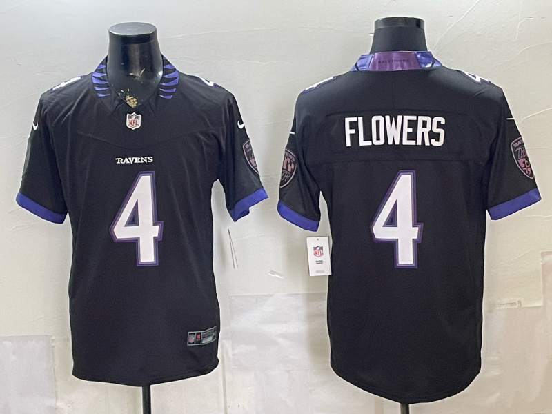 Men's NFL Baltimore Ravens #4 Zay Flowers 2026 Black Alternate Sewn Down F.U.S.E Jersey