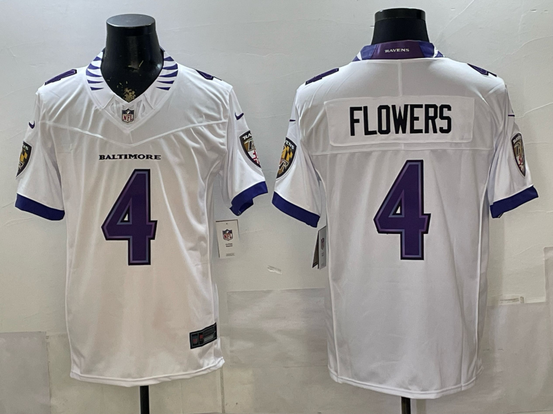 Men's NFL Baltimore Ravens #4 Zay Flowers 2026 White Road Sewn Down F.U.S.E Jersey