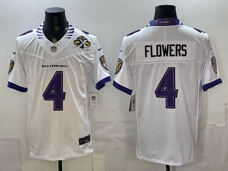 Men's NFL Baltimore Ravens #4 Zay Flowers 2026 White Road Sewn Down F.U.S.E Jersey