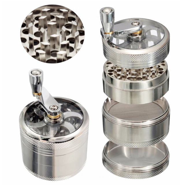 Hand Crank Zinc Alloy Herb Grinder – 55mm 4 Layer Manual Tobacco & Spice Crusher with Crank Handle